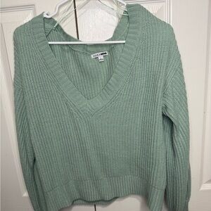 Fashion Nova Sage Green Chunky‎ Knit V-Neck Off the Shoulder Sweater Cozy Fall